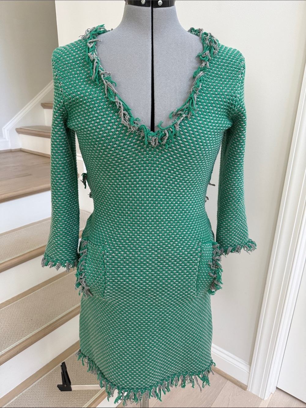 Tracy Reese Green Fringed Knit V-Neck Mini Dress - Picture 2 of 5